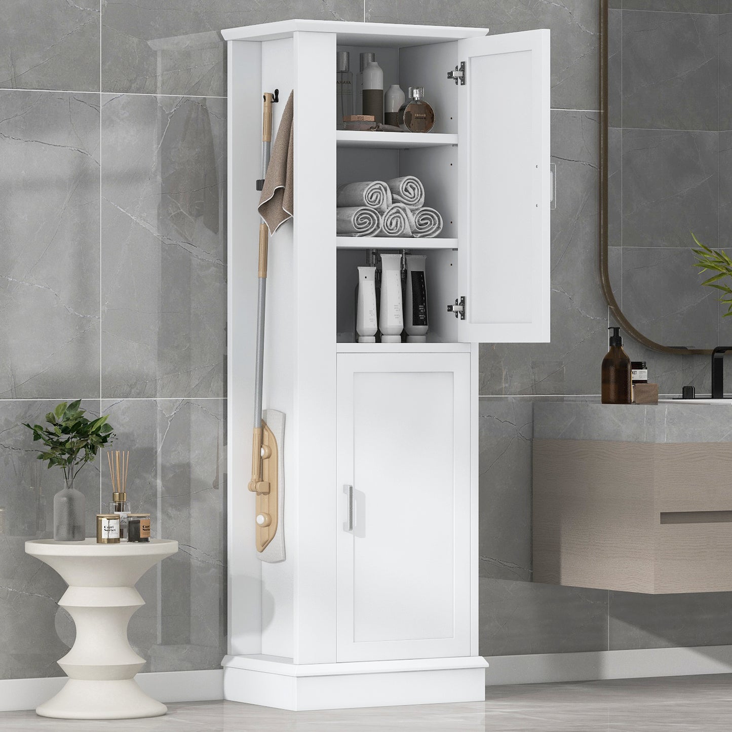 Tall Bathroom Storage Cabinet, Freestanding Storage Cabinet With Hook And Adjustable Shelf, MDF Board, White