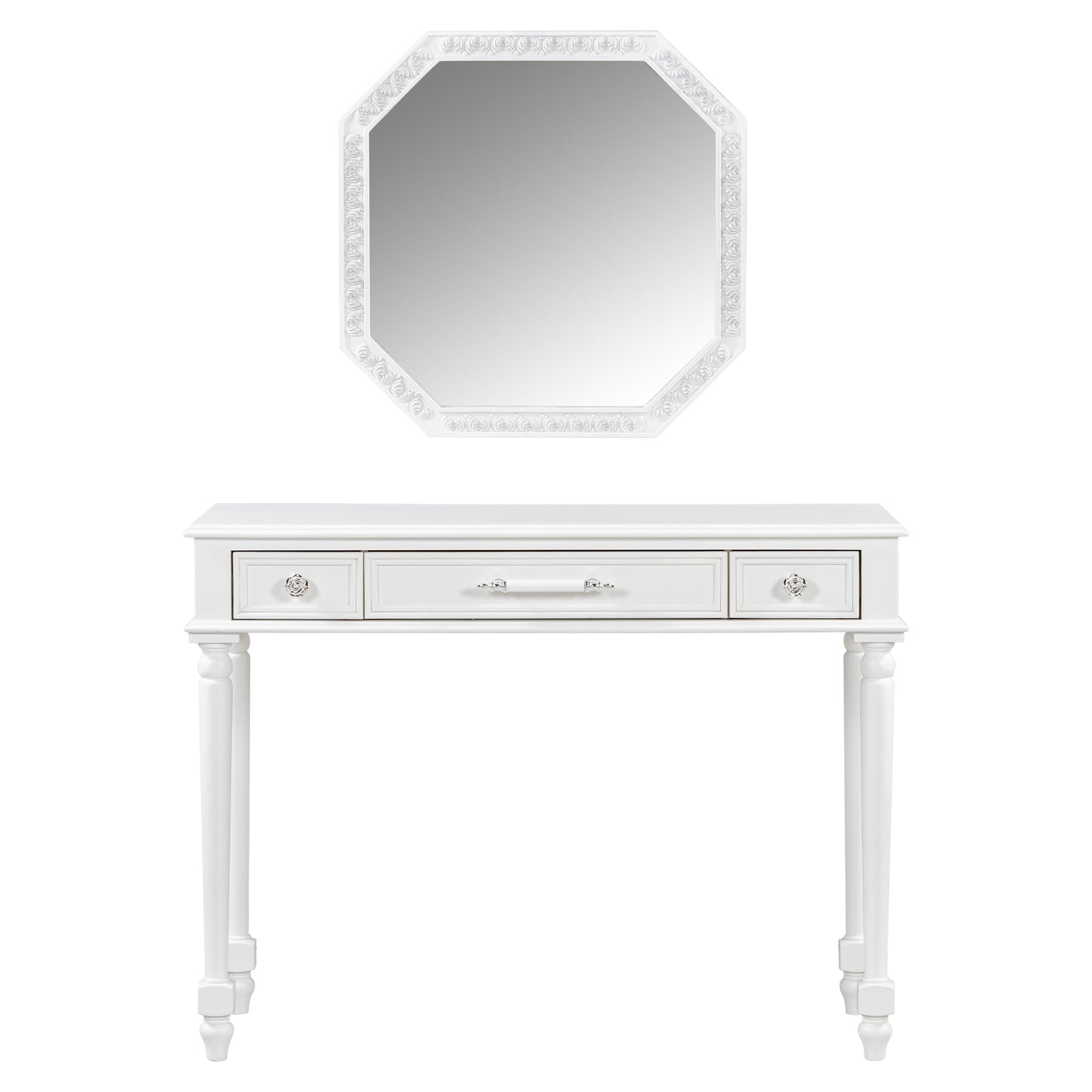 Retro Makeup Desk With Large Mirror, 3-Drawer Dressing Table For Jewelry Storage, Elegant Console Table For Bedroom, Living Room, Hallway & Foyer,White