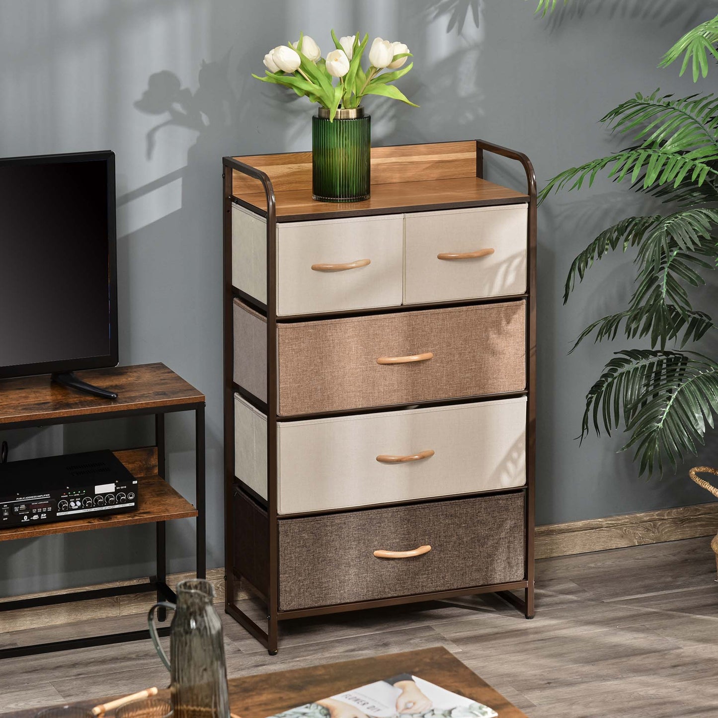 5-Drawer Fabric Dresser Tower, 4-Tier Storage Organizer With Steel Frame For Hallway, Bedroom, And Closet, Maple Wood
