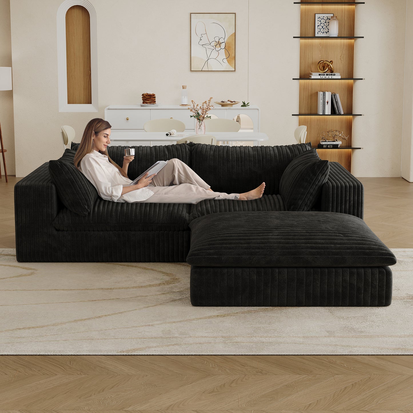 39.8 Cloud Sofa,Corduroy Fabric,Deep Seat Couches,Double-layer Design,Removable  Cushion,No Assembly, DIY Combination For Living Room, Bedroom,Conference Room ,Apartment,Black