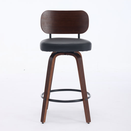 Swivel Bar Stools Set Of 2, 26  Upholstered Faux Leather Counter Height Barstools With Walnut Back & Bentwood Legs, Mid Century Modern Bar Chairs Island Stools For Kitchen Counter, Black PU, SW1864BK