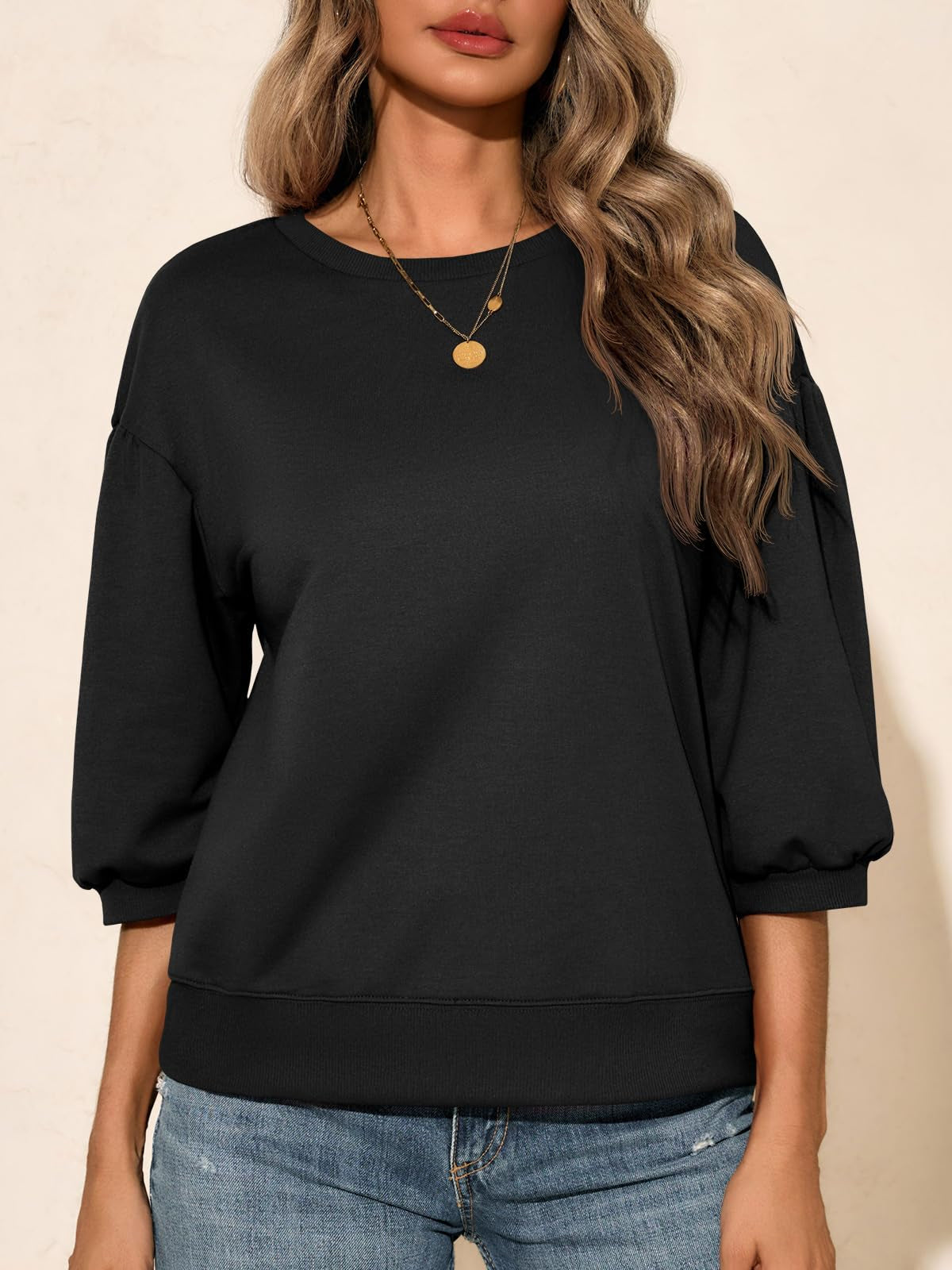 Fisoew Womens Puff Sleeve Sweatshirts Casual Crewneck Sleeve Loose Fit Fall Pullover Tops