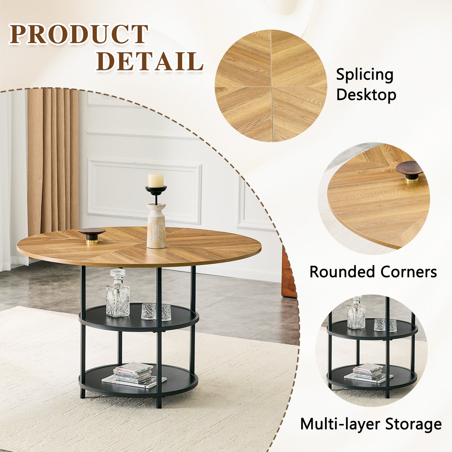 47.3-inch Diameter Modern Splicing Circular Dining Table - Double-layer Storage, Wood And Black Fan-shaped Diagonal Color Matching Design, Interpreting Home Aesthetics And Practicality.