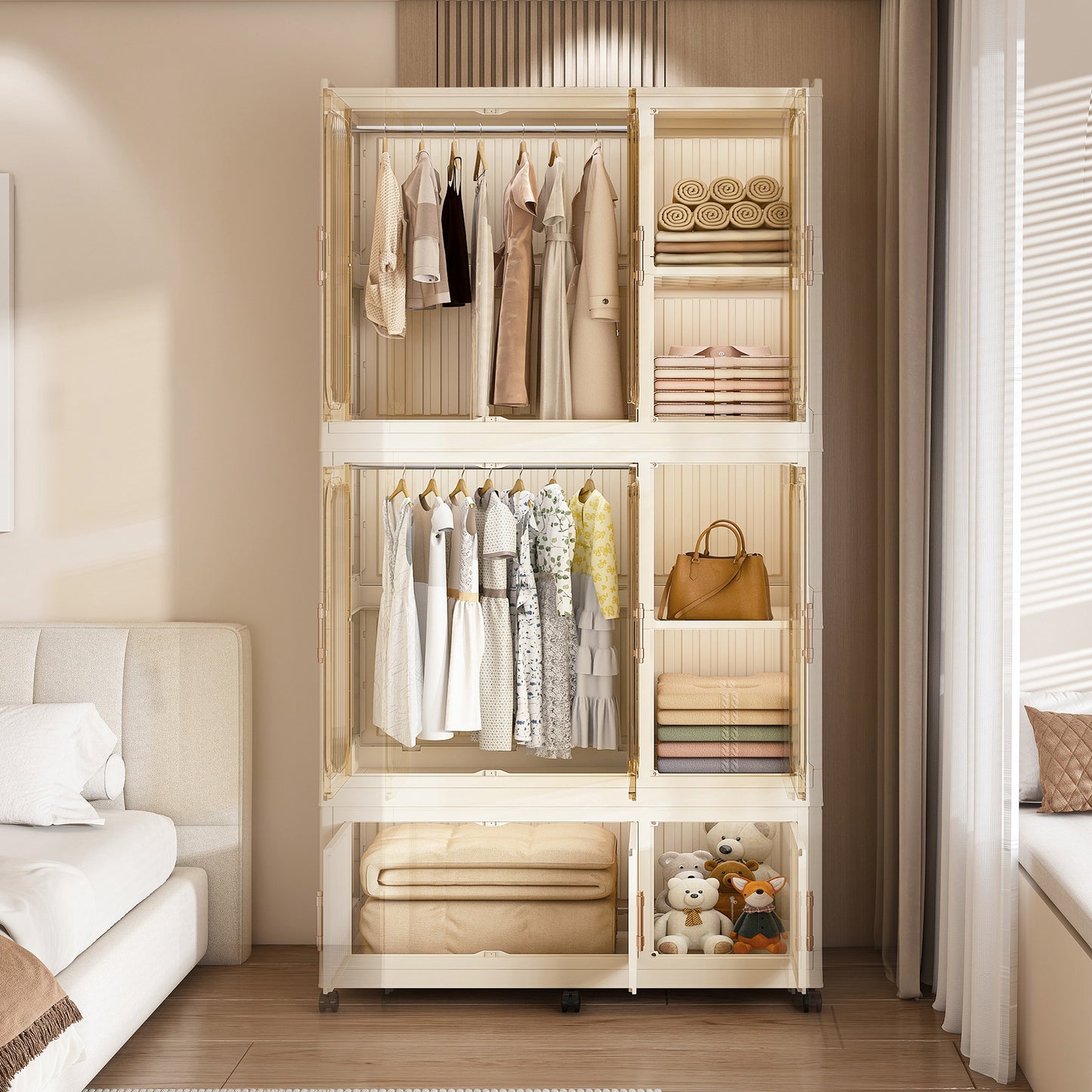 Portable Wardrobe Closet Storage Organizer For Clothes,Clothes Dresser,9 Magnetic Doors-9 Cubes & 2 Hanging Rod,6 Pcs Hangers , Baby Wardrobe Storage Cabinet,White