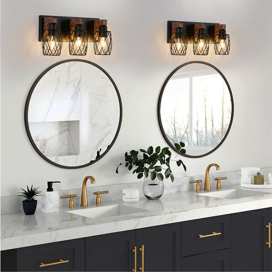 18  Industrial Vintage 3-Light Wall Sconce - Black Cage Wall Lighting Fixture With Wooden Accents For Bathroom, Hallway, Or Living Room Bulb Not Included