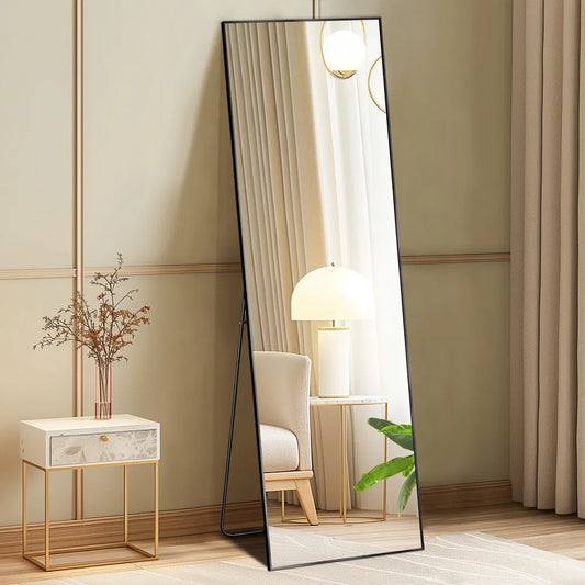 Floor Standing Mirror, Wall Mirror With Stand Aluminum Alloy Thin Frame,21'X64',Black-rect
