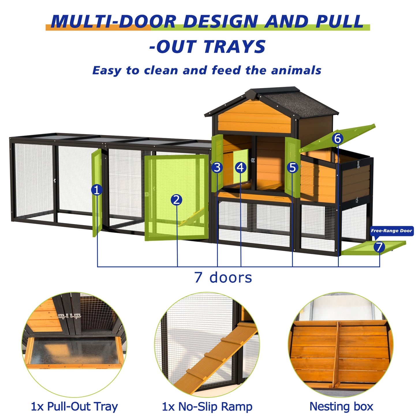 Outdoor Wooden Chicken Coop With Run, 7 Doors, Pull-Out Tray, Nesting Box & Ramp - Backyard Poultry House For 2 - 4 Chickens, Expandable Design