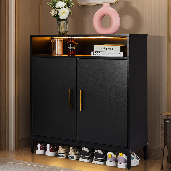 Double Door 6-Layer Shoe Cabinet With High Foot LED Lights Particle Board 80x38x90cm Black