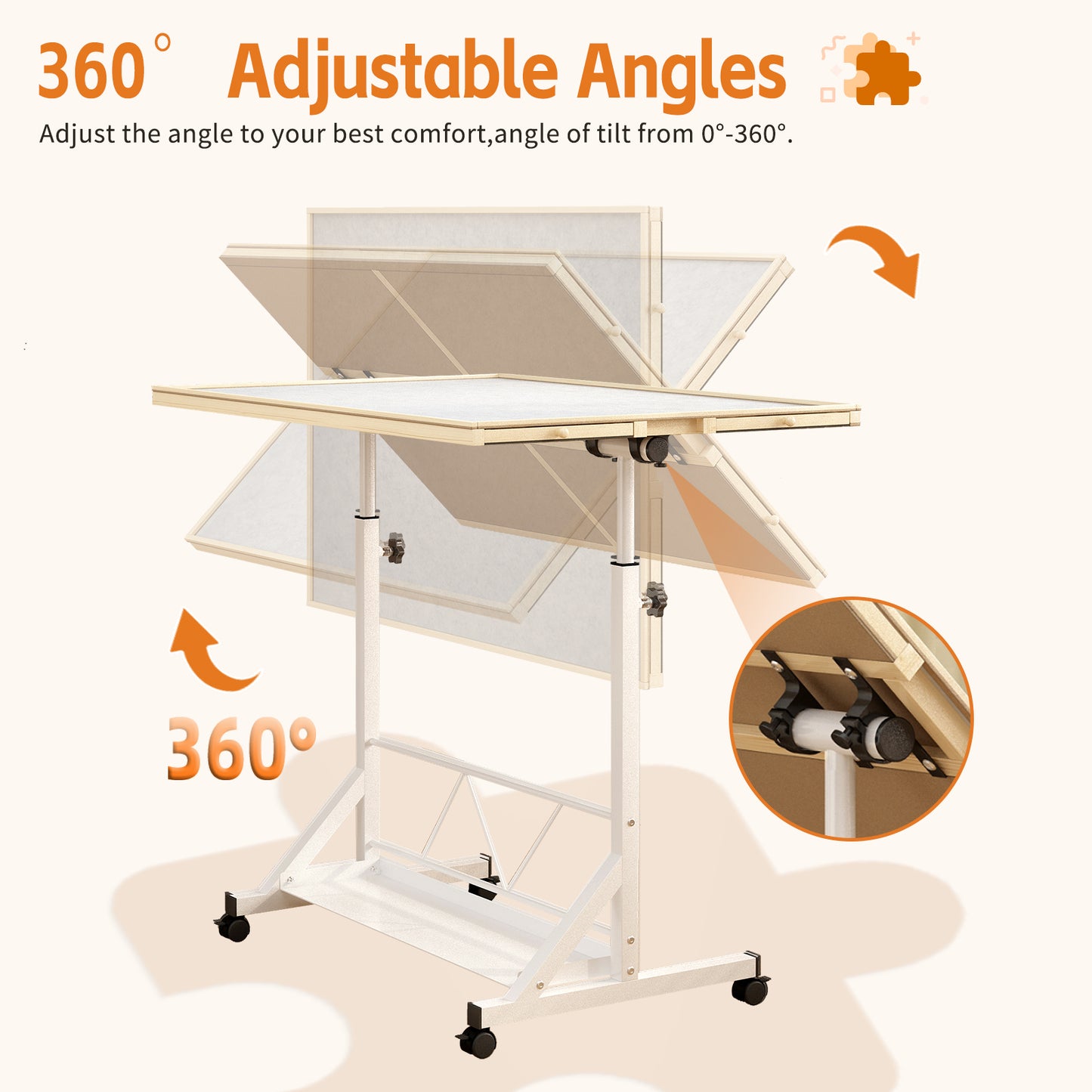 WHITE Wooden 1500 Piece Puzzle Table With Drawer, 35x27.17 Adjustable Puzzle Table, 360 Tilting Puzzle Table With Legs And Wheels, Adjustable Height And Angle, With Protective Cover