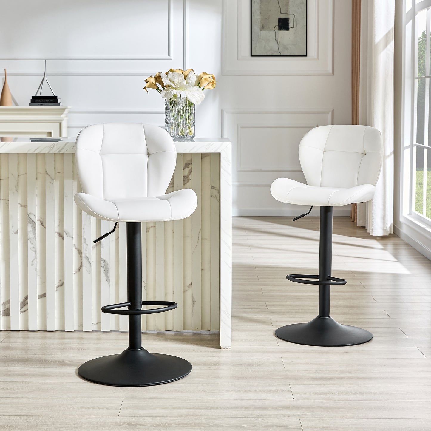 Set Of 2 Height Adjustable Bar Stools, White PU Upholstered Tufted Back Chairs With Black Metal Base & Footrest For Kitchen Island, Bar, Pub