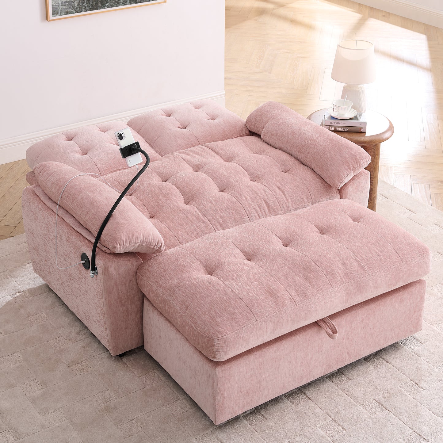 Leisure Sofa Chair,Double Sofa Recliner, With Manually Adjustable Backrest, Soft Padded Armrests, Side USB Charging Port And Phone Stand, Comes With A Matching Storage Ottoman-Pink
