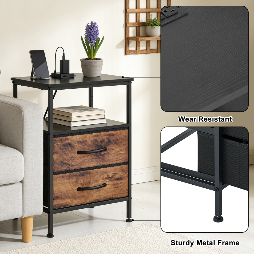 A Small Bedside Table With A Charging Station And Two Fabric Drawers, And A Side Bedside Table