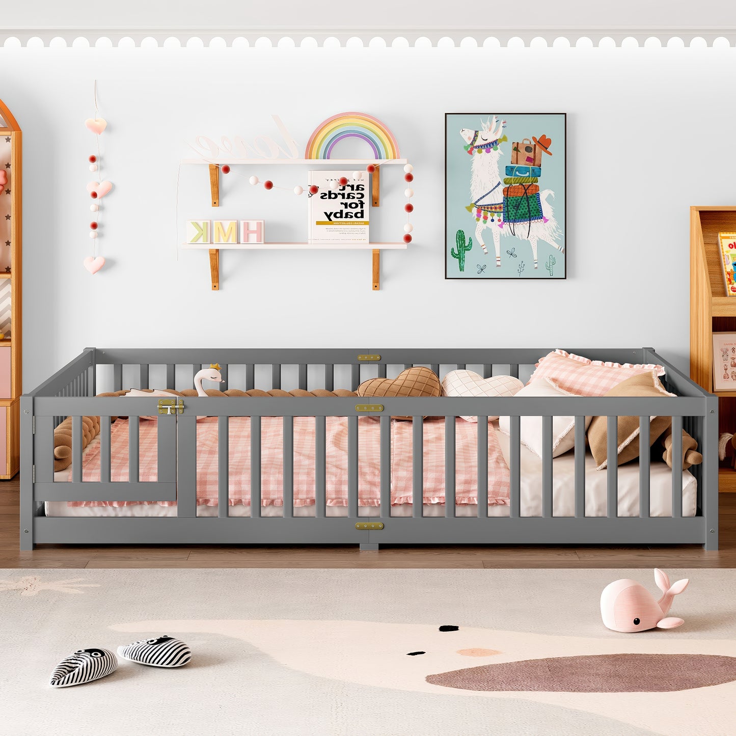 Queen Size Bed Floor Bed With Safety Guardrails And Door For Kids, Gray