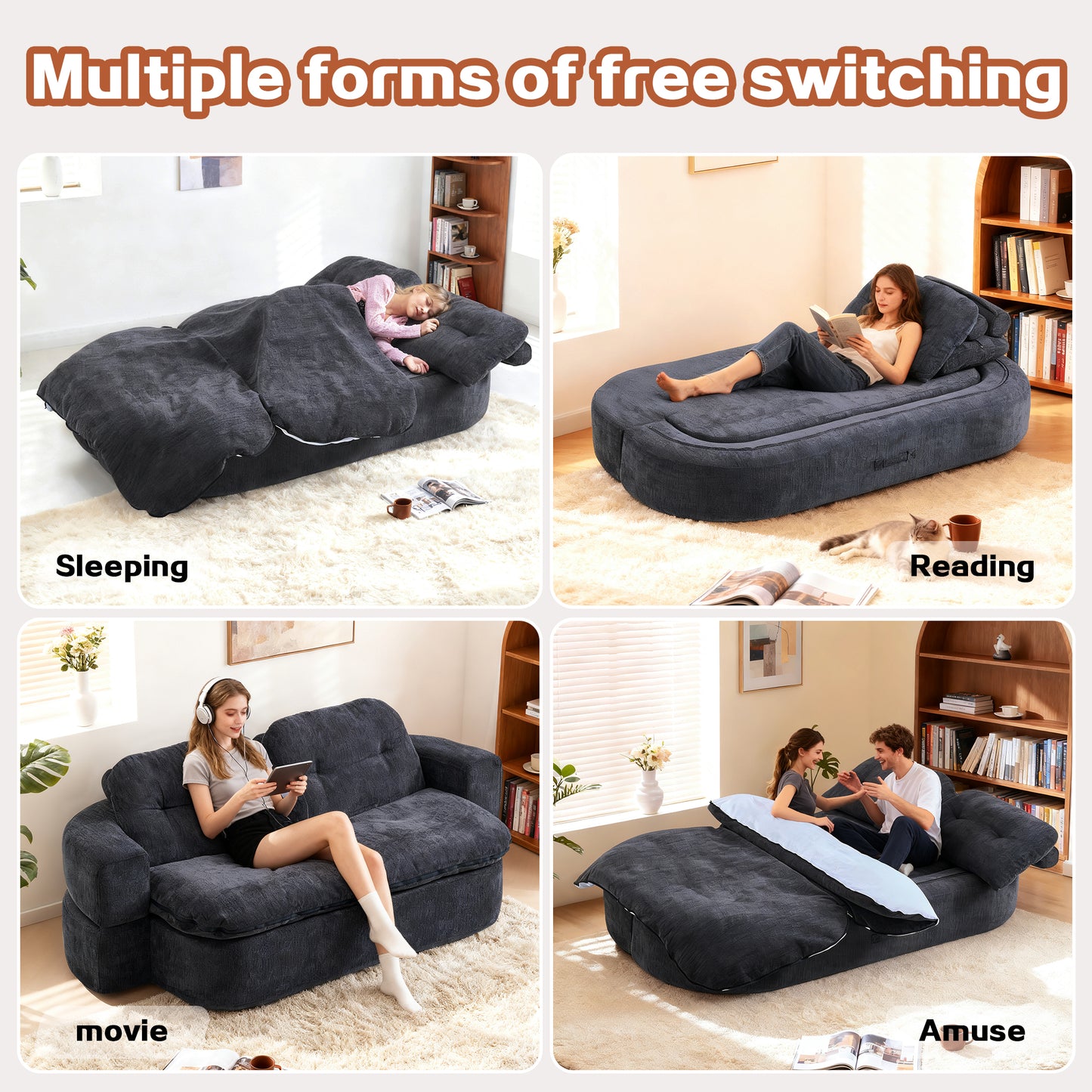 Modern Floor Sofa With 2 Pillows,Convertible Corduroy Fabric Foam-Filled Sleeper Sofa Bed, No Assembly Required,Convertible Sofa Cushion Unfolds Into Quilt,Folding Mattress For Living Room,Playroom