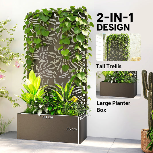 Metal Planter Box With Trellis, 71" Tall Raised Garden Bed With Privacy Screen And Drainage Holes, Banana-Leaf Cut-Outs