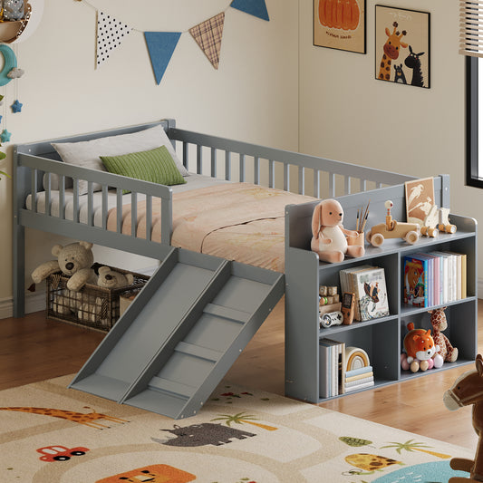 Twin Bed Frame With Storage Shelf, Wooden Bed Frame With Slide And Ladder,Platform Twin Size Bed With Guardrail, No Box Spring Needed, Easy Assembly, Gray