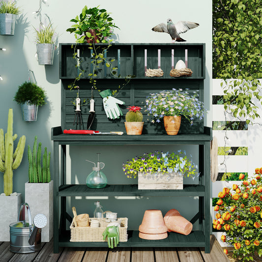 TOPMAX 65 Large Wooden Farmhouse Rustic Outdoor Potting Bench Table, Patio Workstation, Garden Potting Bench With 4 Storage Shelves And Side Hook, Forest Green