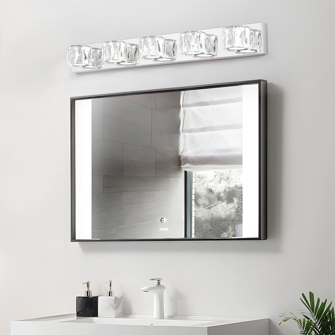 35  Modern Crystal 5-Light LED Wall Sconce -Elegant Chrome Bathroom Vanity Light With Clear Crystal Shades For Bathroom, Bedroom, Or Hallway