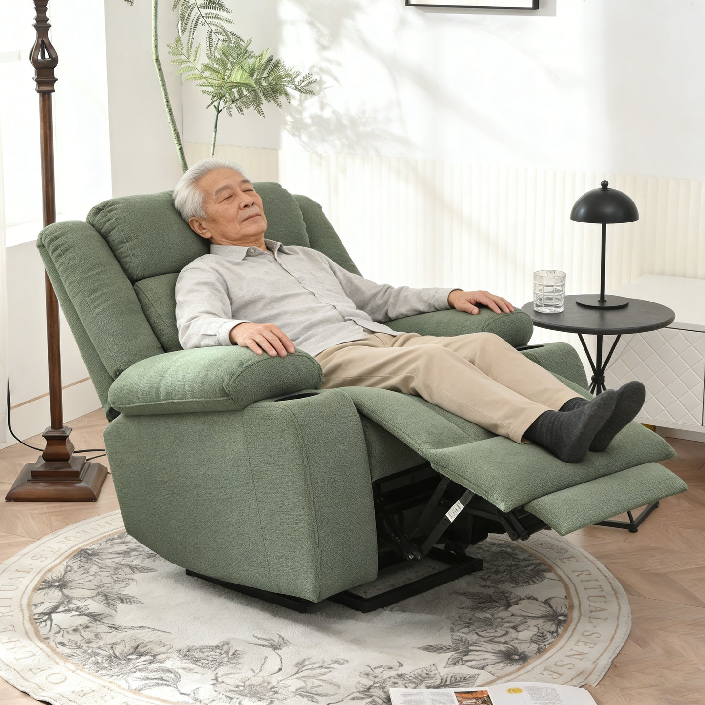 Power Lift Recliner Chair For Elderly,Fabric Lift Chairs For Living Room W Extended Footrest,Classic Single Sofa,Home Theater Seating With 2 Cup Holders,Side Pockets,Remote Control Dark Green
