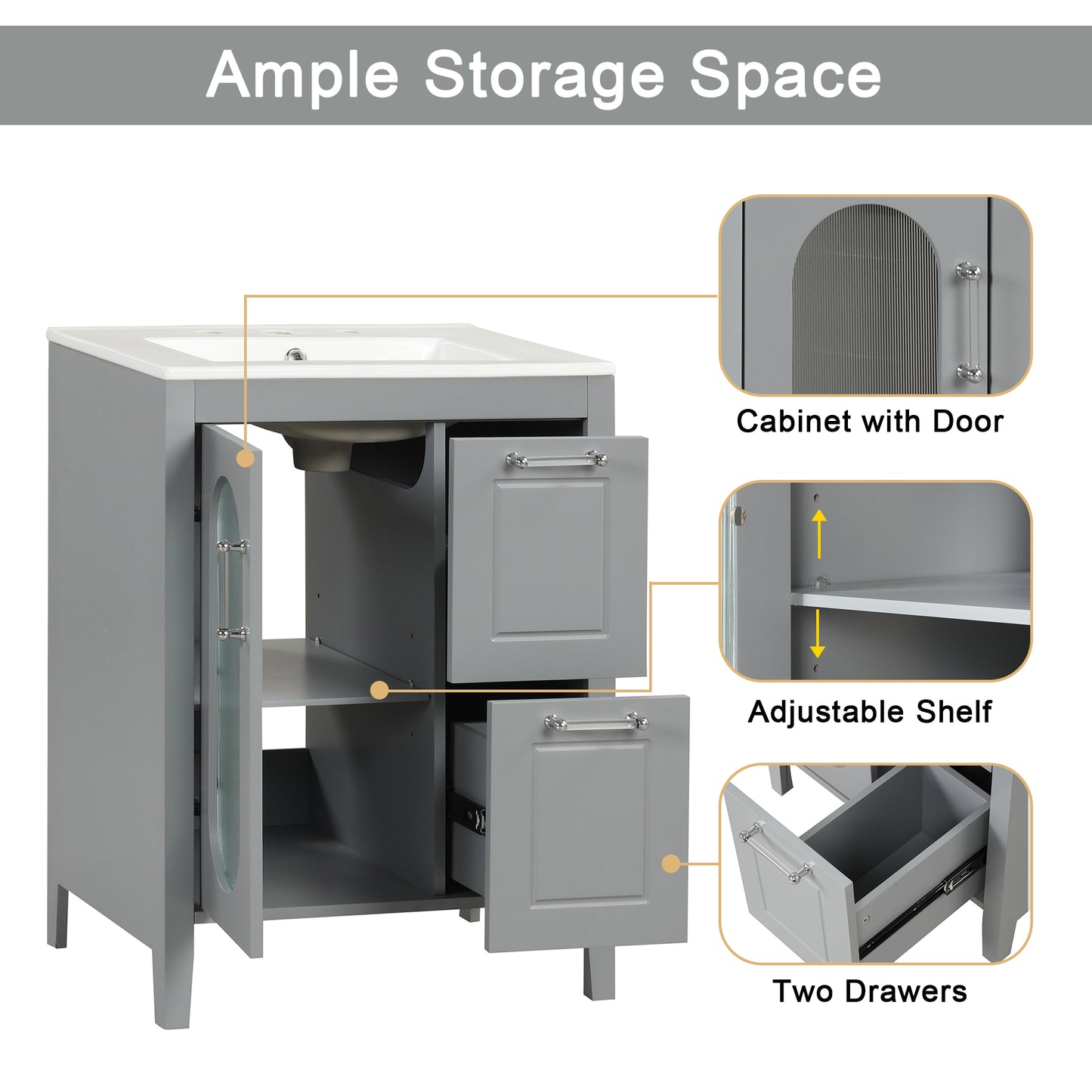 24  Bathroom Vanity With Sink, Bathroom Vanity Cabinet With Two Drawers And Door, Adjustable Shelf, Solid Wood And MDF, Grey