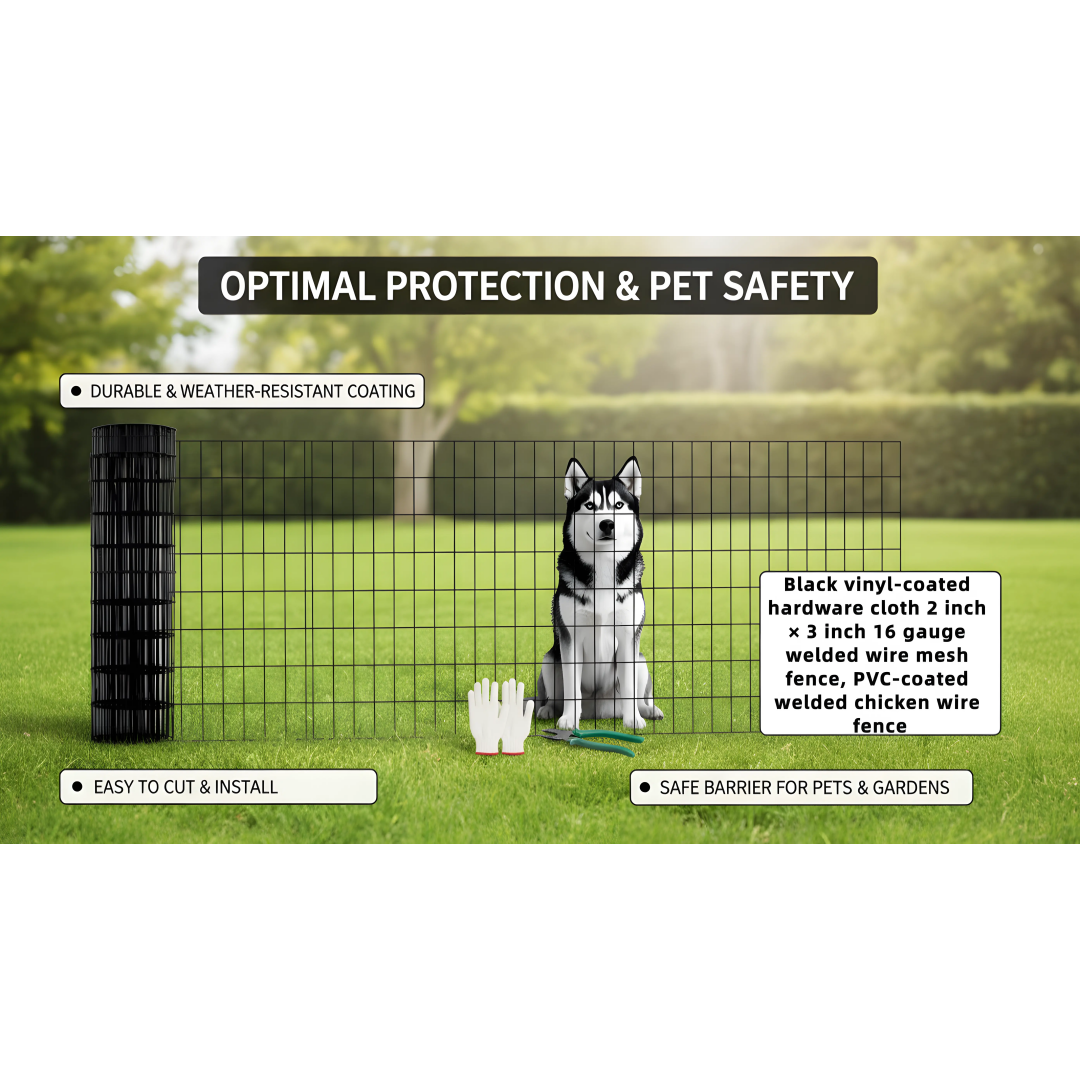 48 INCHx33 FT Black Vinyl-coated Metal Mesh, 16 Gauge 0.67 Inch Black PVC Metal Mesh, Black Welded Wire Mesh Support, Poultry Cage Protective Fence