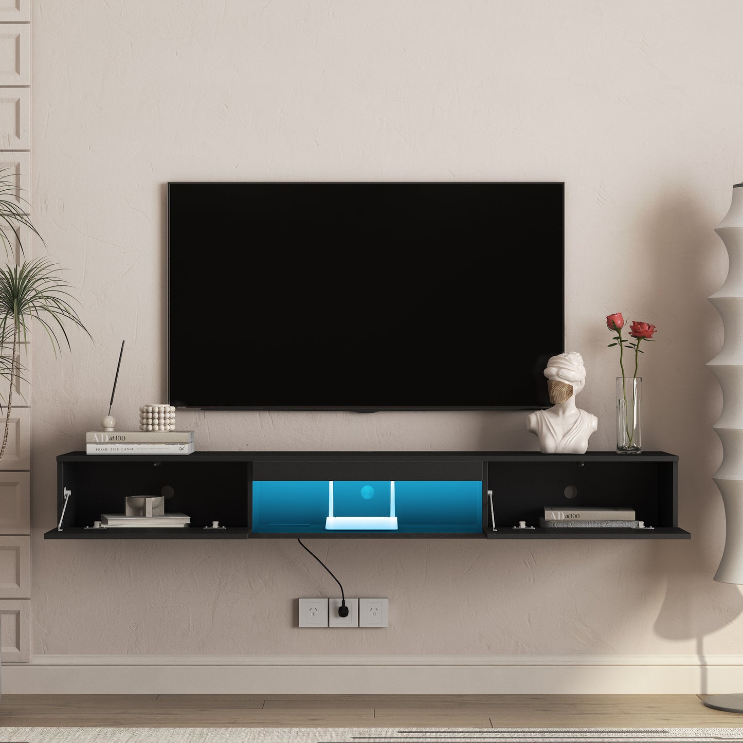 Floating TV Stand Wall Mounted With 16 Color LEDs,69  Modern TV Stand, Floating TV Cabinet Entertainment Center For 55 60 65 Inch TV,Black