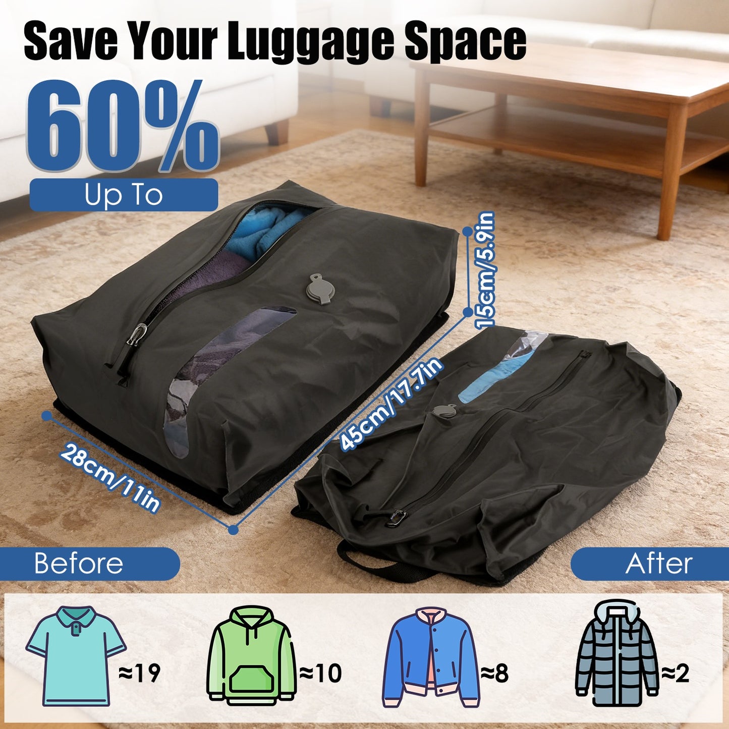 2Pcs 17L Vacuum Bags With Pump Clear Window Handle IP67 Waterproof TPU Vacuum Packing Cubes Travel Vacuum Seal Bags Packing Organizers For Clothing Luggage Backpack Suitcase