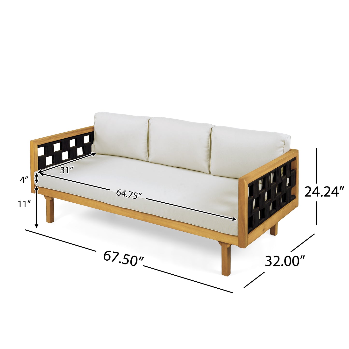 Three-Seater Outdoor Daybed - Acacia Wood Teak Finish Frame With Light Grey Cushions & Black Flat Rope, 67.5'' L X 32'' W X 24.24'' H Patio Lounge Sofa For Garden Deck Backyard