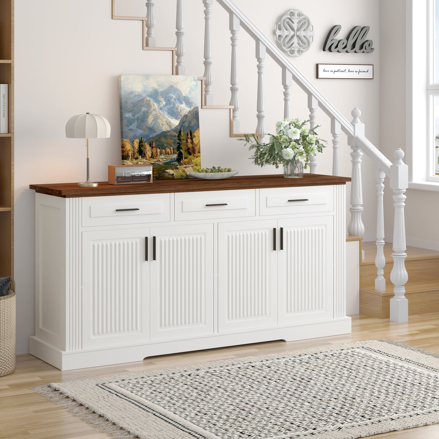 63  Fluted Sideboard Buffet Cabinet With Storage, Modern Coffee Bar Station With 4 Doors And 3 Drawers, Kitchen Storage Console Table For Living Room Dining Room Entryway, White
