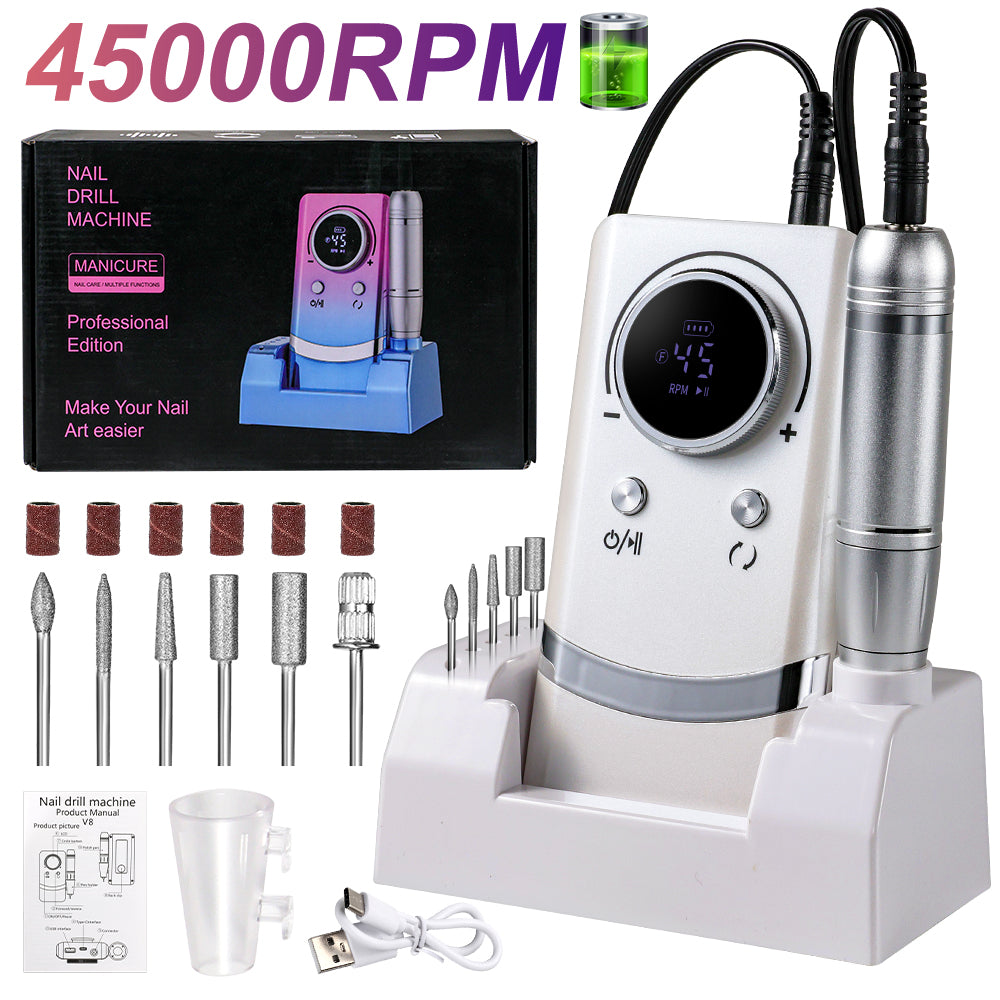 Electric Nail Drill Professional - 45000RPM Rechargeable Nail File With Bits & Base For Acrylic Gel Nails, Professional Nail Drill Manicure Pedicure Polishing Shape Tools For Home Salon