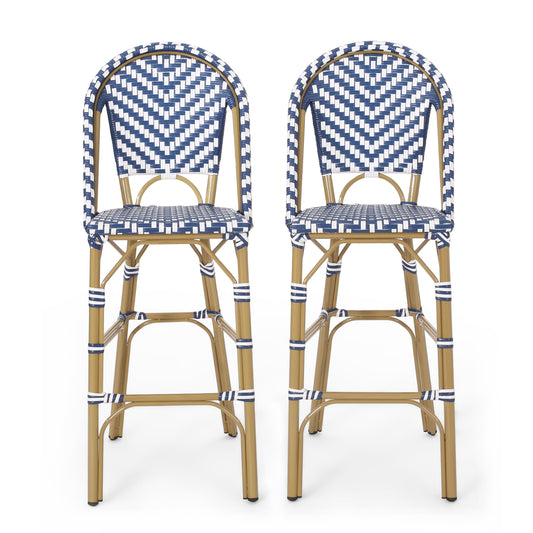 29.5 Outdoor PE Rattan French Barstool, Navy Blue And White, Aluminum Frame With Bamboo Finish  Set Of 2