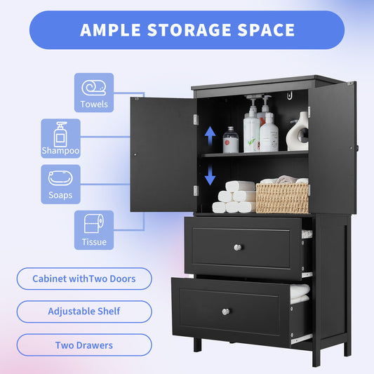 Bathroom Storage Cabinet, Cabinet With Two Doors And Drawers, Adjustable Shelf, MDF Board, Black