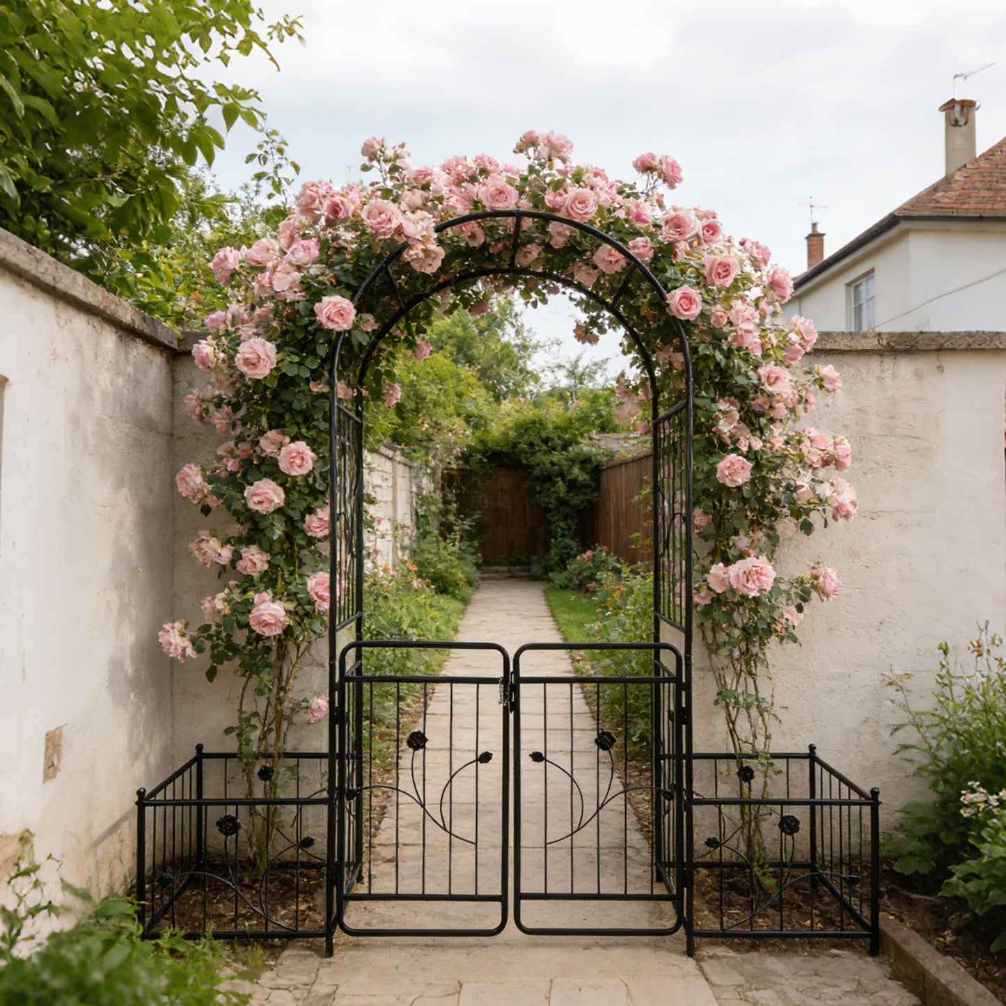 Metal Garden Arch With Gate 79.5  Wide X 86.6  High Climbing Plants Support Rose Arch Outdoor Black