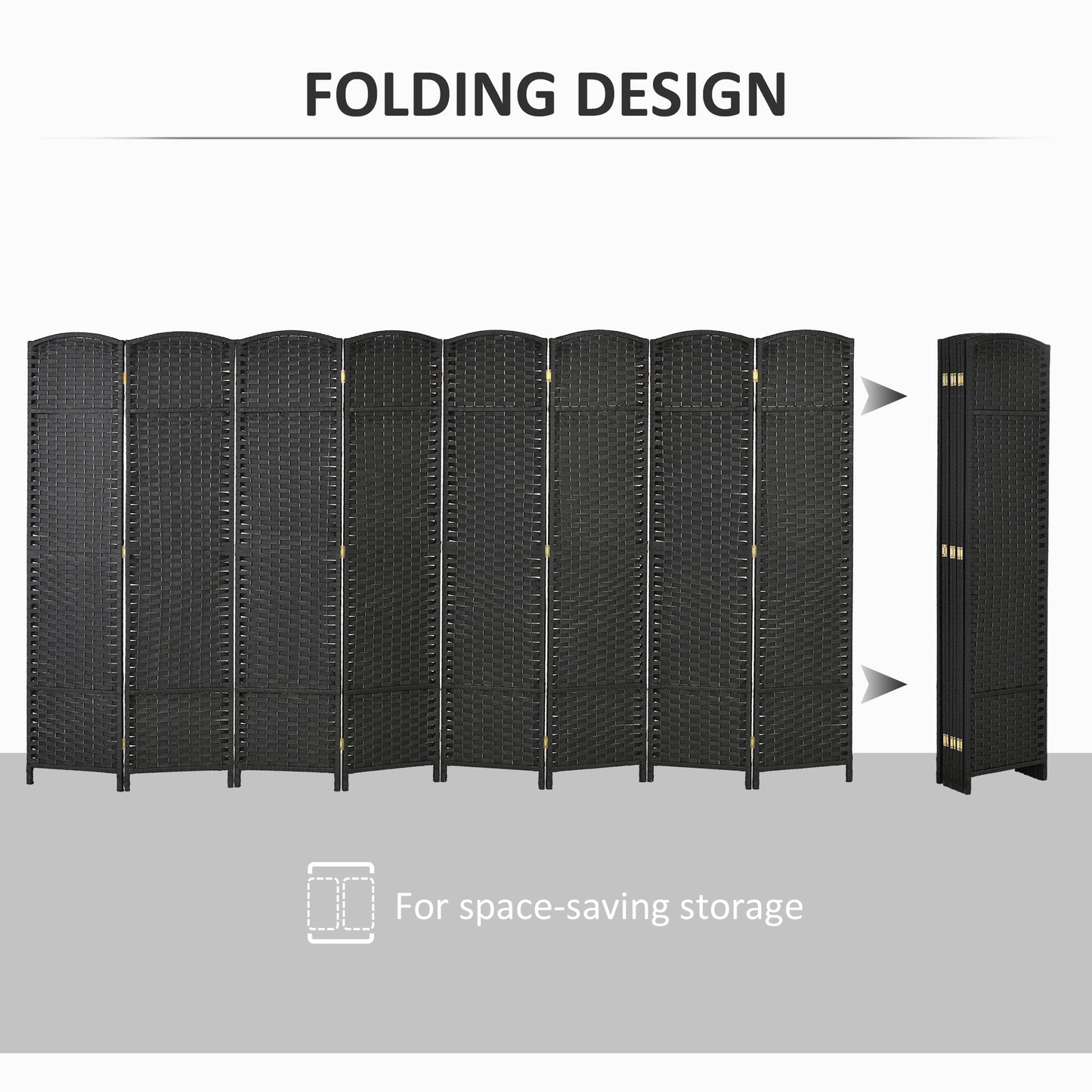 Folding Room Divider Screen 8 Panel 5.6 ' Tall Privacy Screen Freestanding Room Partition For Home Office, Black