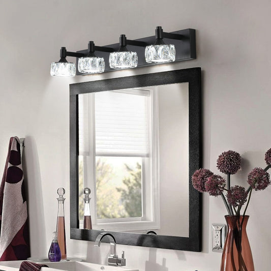 Modern 4-Light Matte Black LED Vanity Light Fixture With Crystal Glass Shades, Bathroom Wall Sconce For Elegant And Contemporary Home Decor