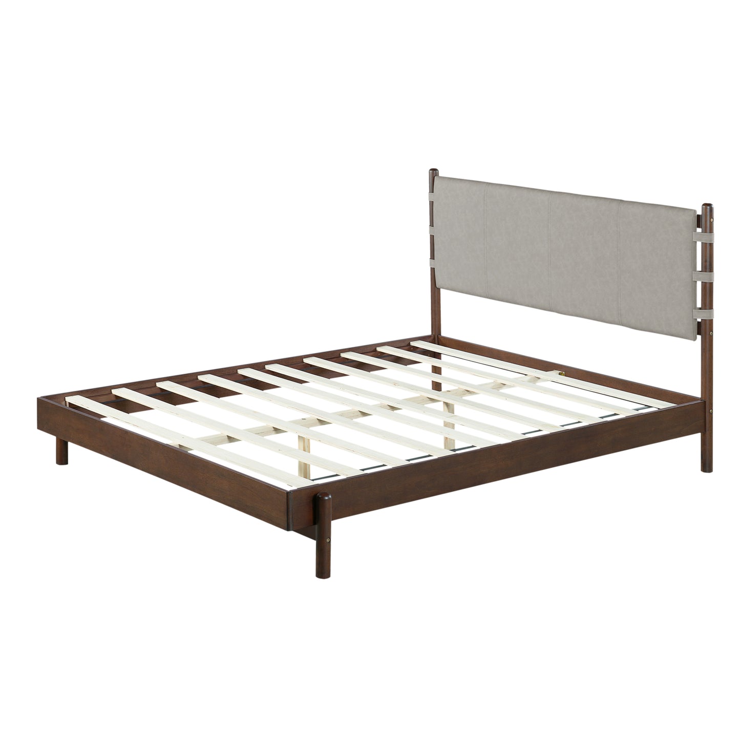 Premium Rubber Wood Platform Bed Frame, Queen Bed Frame With Headboard Included, Mid Century Modern Bed With Walnut Light Grey Color