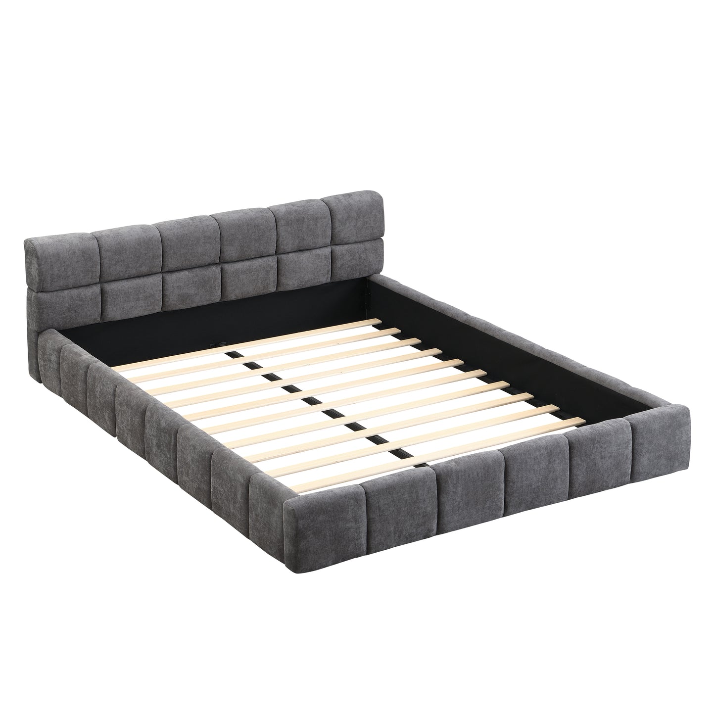Elegant Chenille Upholstered Bed With Checkerboard Design, Queen, Grey