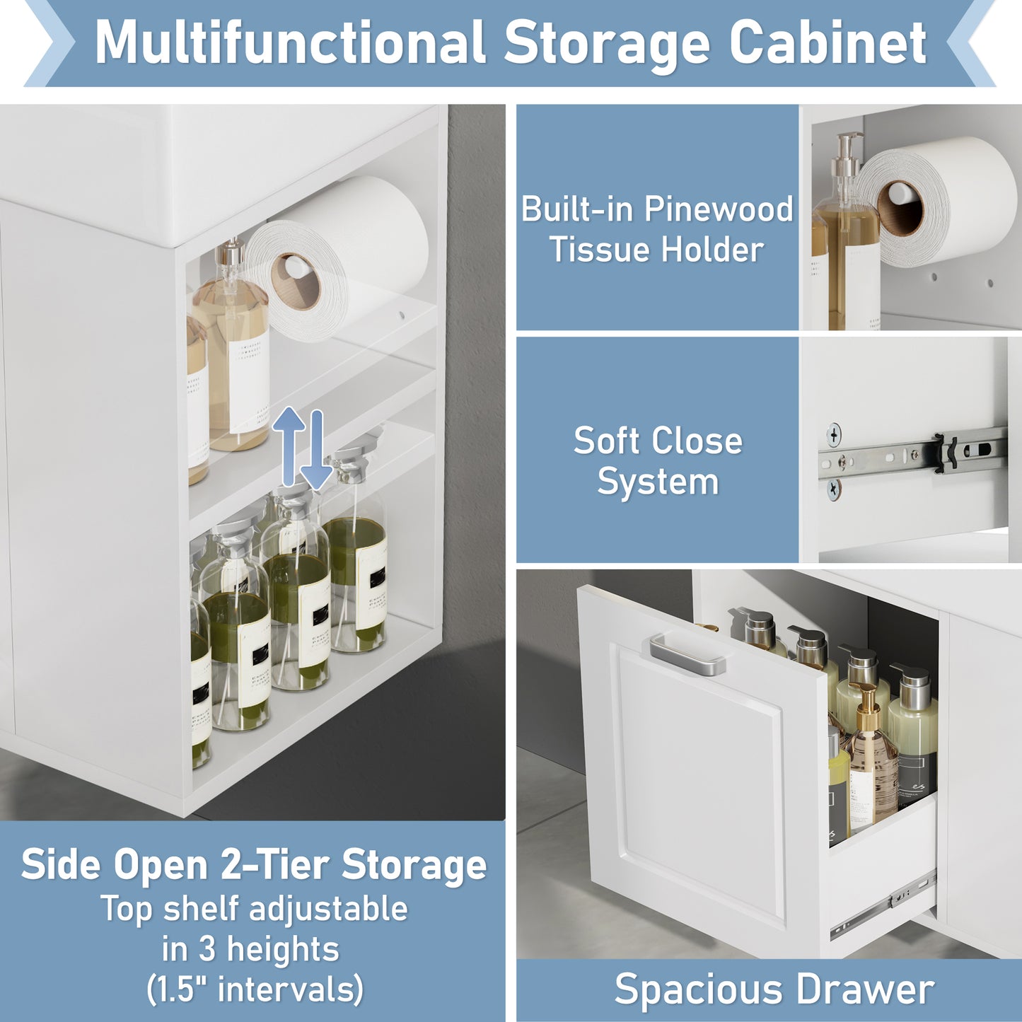 21.8 Inch Bathroom Vanity With Sink, Wall Mounted Floating Cabinet, One Big Drawer, Adjustable Shelf, Toilet Paper Holder, Soft-Close System, White