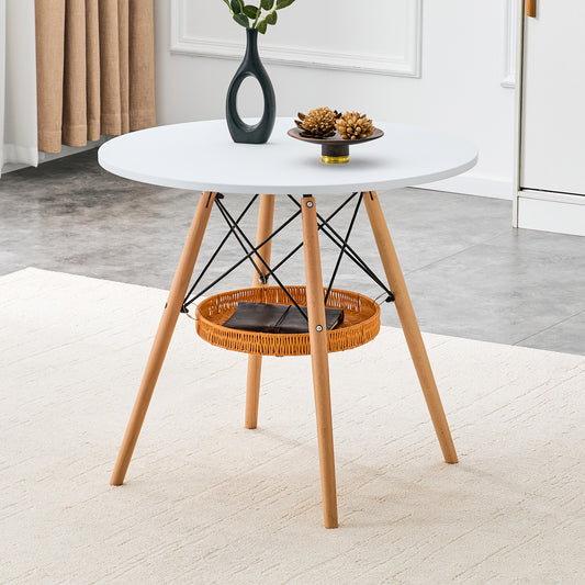 31.5-inch Diameter Circular Dining Table, White MDF Vacuum Formed Tabletop, Solid Wood Legs, With Suspended Woven Storage Basket Structure. A Casual Coffee Table Suitable For 2-4 People.