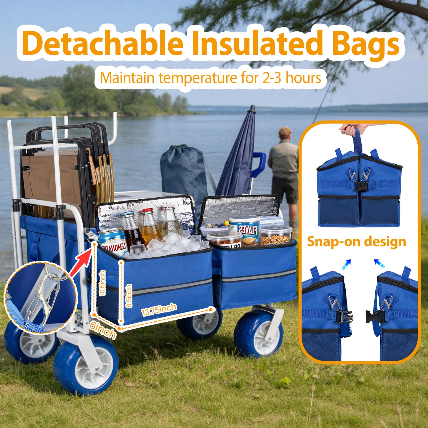 Beach Wagon Cart With Chair Racks And 9  All- Terrain Wheels  500lbs Heavy Duty Collapsible Folding Wagon  Adjustable Handle  Cooler & Storage Bags For Beach  Camping  Garden & Outdoor Sports  Blue