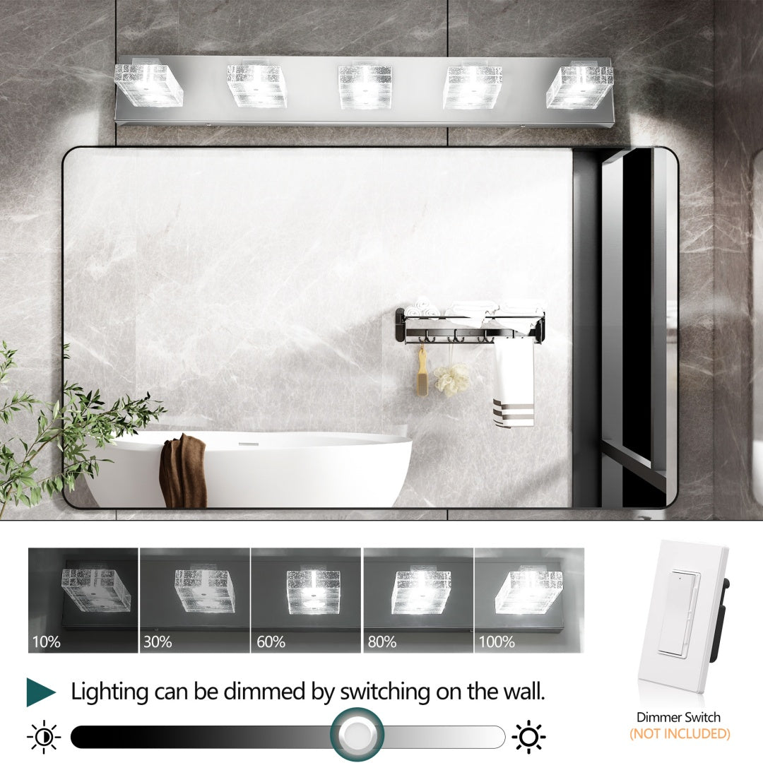 31  Modern Chrome 5-Light LED Vanity Light, Square Acrylic Lampshades Wall Mount Fixture For Bathroom, Mirror Lighting