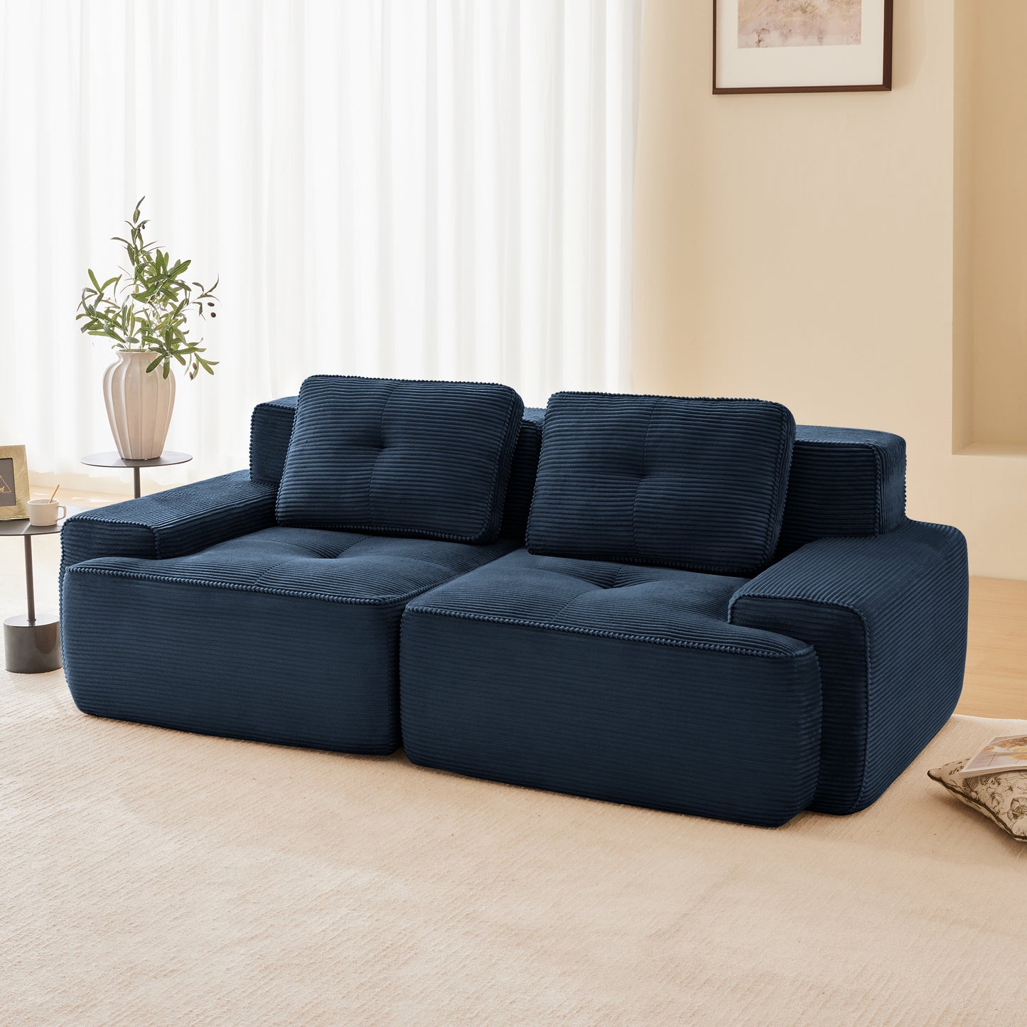 82 Modern L-Shaped Modular Sectional Sofa For Living Room, Corduroy Fabric, 2-Seater Couch With Deep Seat , Pearl-like Piping, Tufted Design, No Assembly, Anti-slip Design, Blue