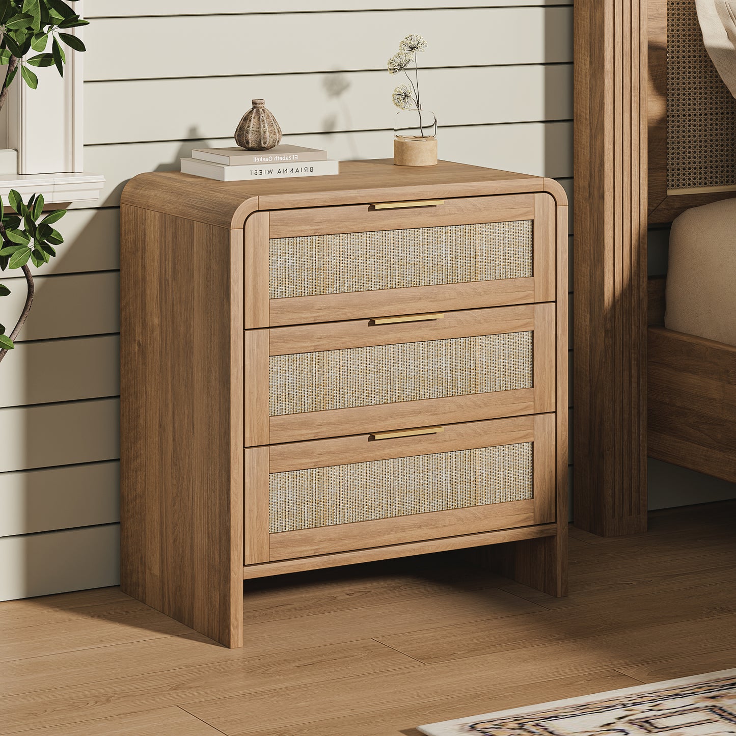 Rattan Nightstand With 3 Drawers Set Of 2, 22.8  Wide Curved Wooden Bedside Table, Modern Storage For Bedroom, Caramel Oak.