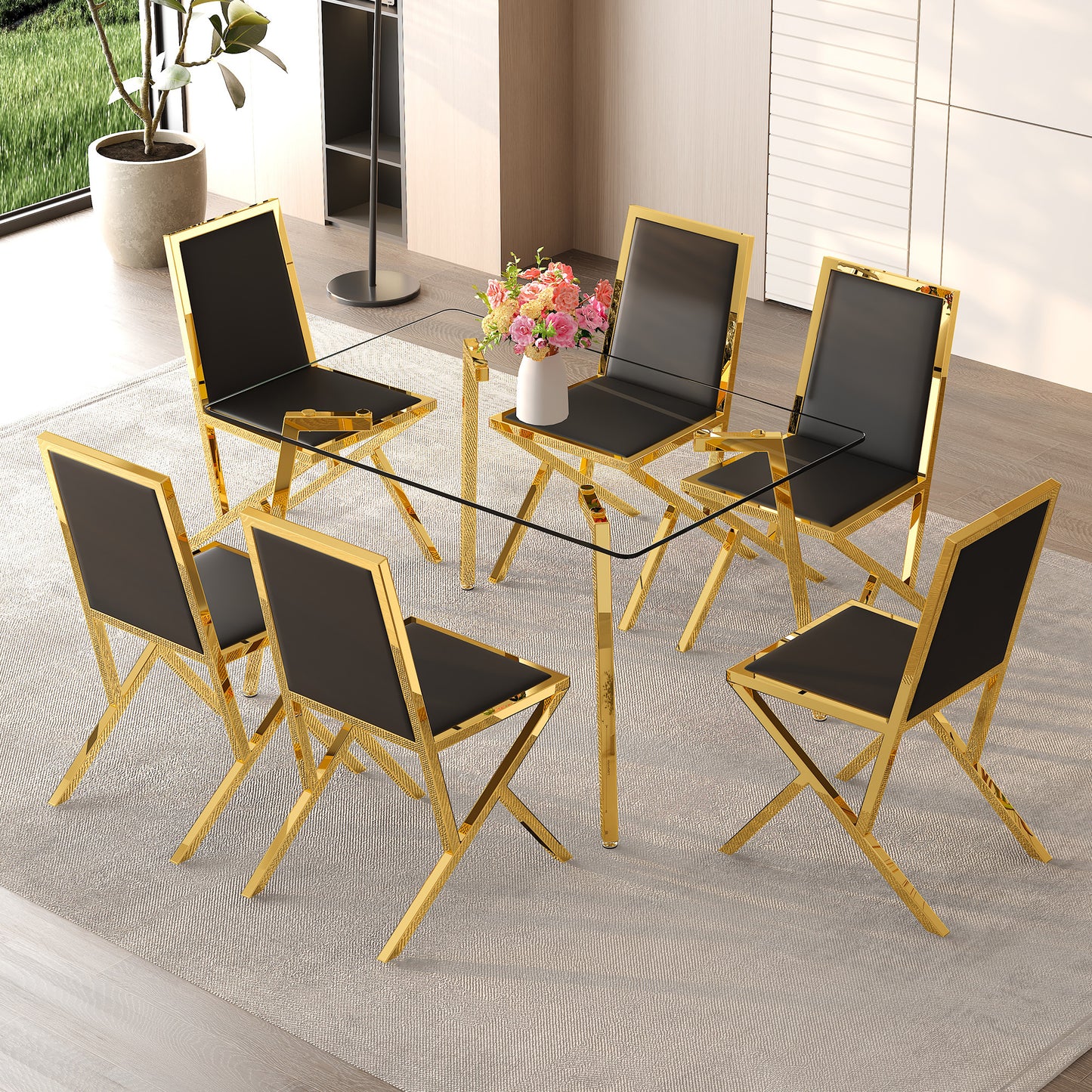 Table And Chair Set.51 X31.5-inch Tempered Glass Dining Table, Paired With A Set Of 6 Black PU Dining Chairs. Modern Light Luxury Home Restaurant Table And Chair Combination.