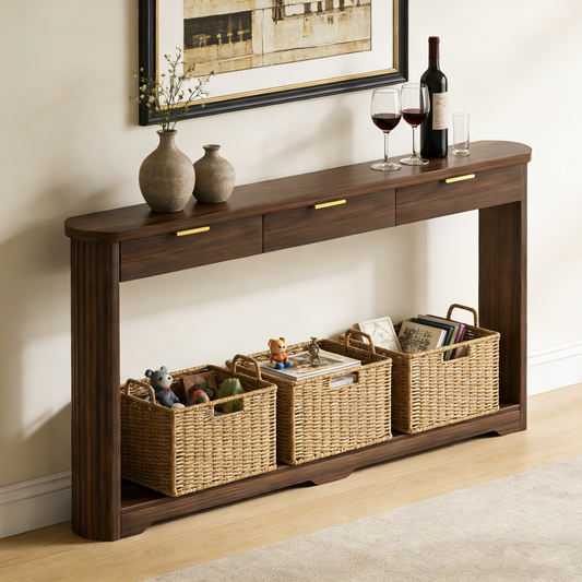 70.1  Wavy-Patterned Storage Table With Drawers, A Slim Wooden Side Table That Can Be Placed Behind A Sofa, Ideal For Entryways, Hallways, And Doorways.Walnut.70.1 Lx8.7 Wx35.5 H