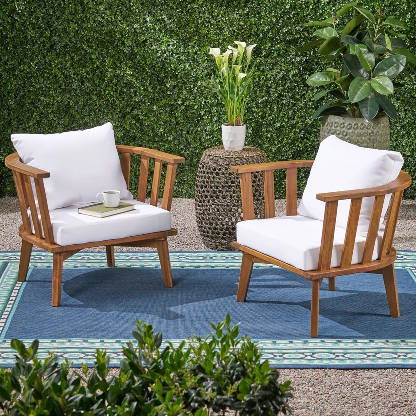 Set Of 2, Outdoor Acacia Wood Patio Club Chair, Wooden Patio Furniture,Waterproof Thick Cushion Deep Seating For Porch, Garden, Backyard, Balcony, Weight Capacity 400lbs, Teak Finish, White