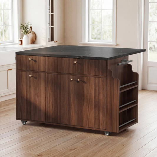 Kitchen Island With Storage Rolling Kitchen Island Cart With Drop Leaf Extension, Black Marble Top, Drawers, Spice Rack, Towel Bar, Mobile Kitchen Cart For Kitchen & Dining Room