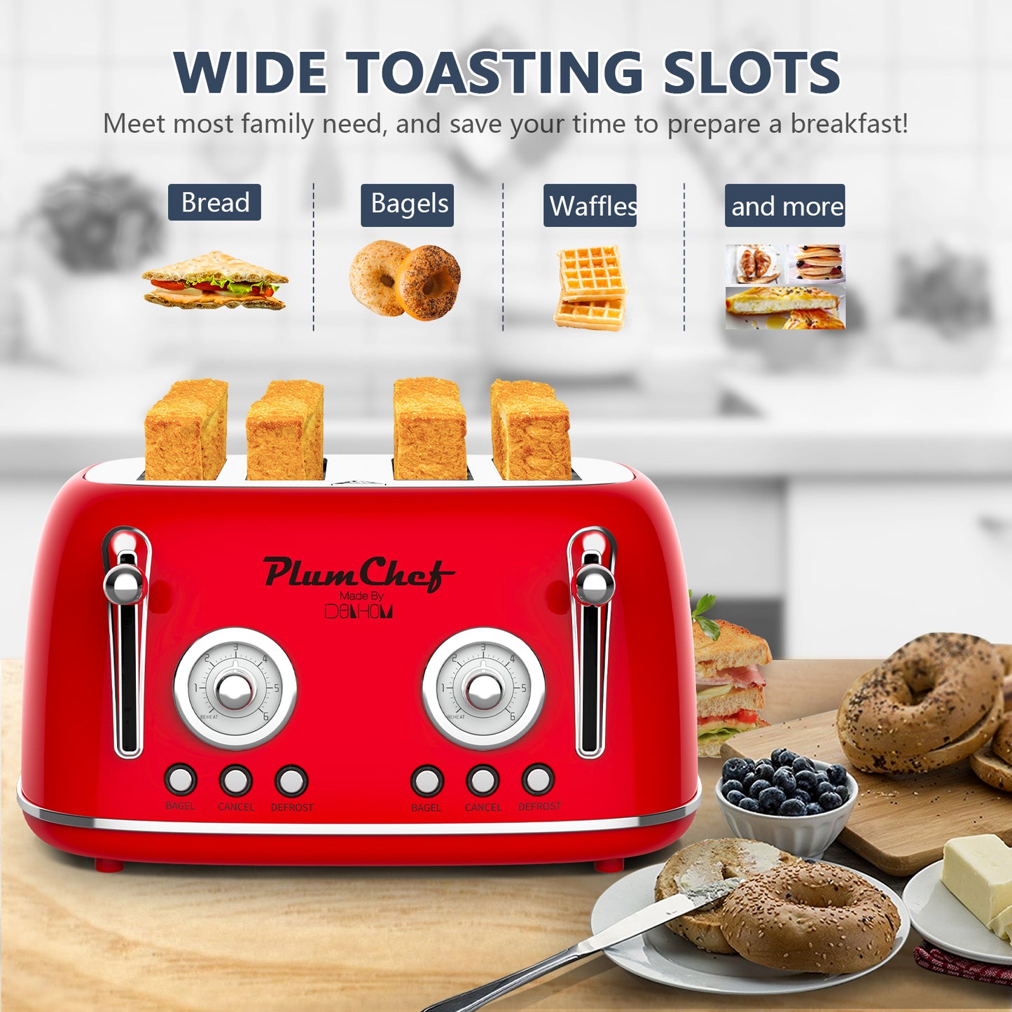 4 Slice Retro Toaster, Dual Control Toaster, 6 Settings, Bagel, Defrost, Removable Crumb Tray, Stainless Steel Housing, 1650W, Red, Amazon Resale Prohibited