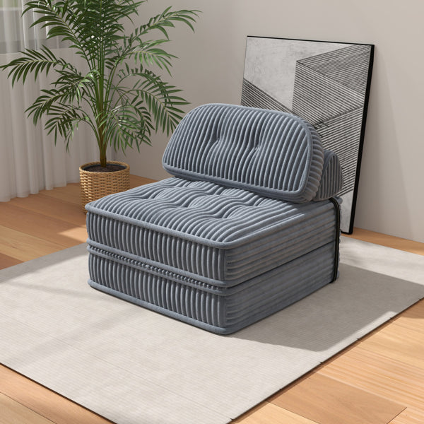Convertible Corduroy Lounge Chair With Tufted Design, Full Foam Support, Fold-Out Sleeper & Adjustable Arc Pillow, Compressed Sofa Chair For Living Room Or Bedroom