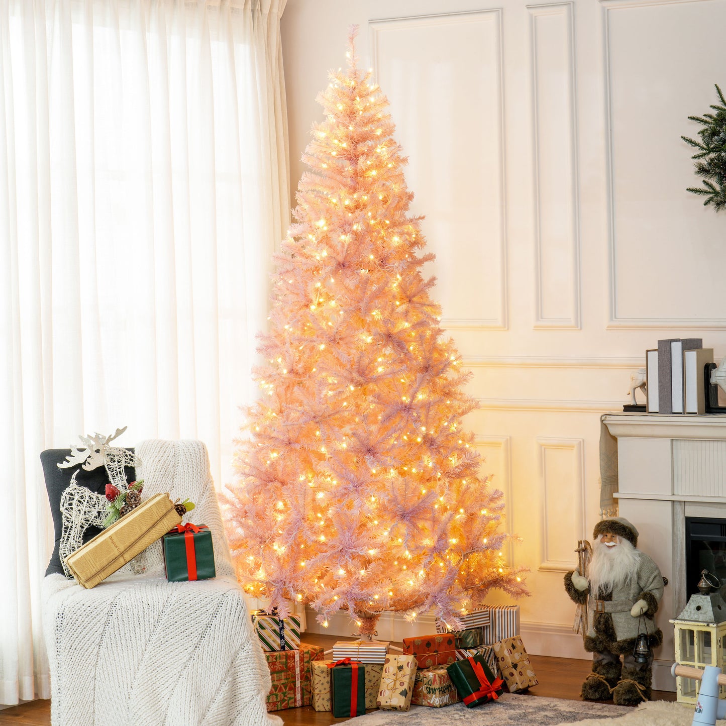 7.5 FT Tall PreLit Artificial Christmas Tree With Realistic Branches, 500 Warm White LED Lights And 1346 Tips, Pink